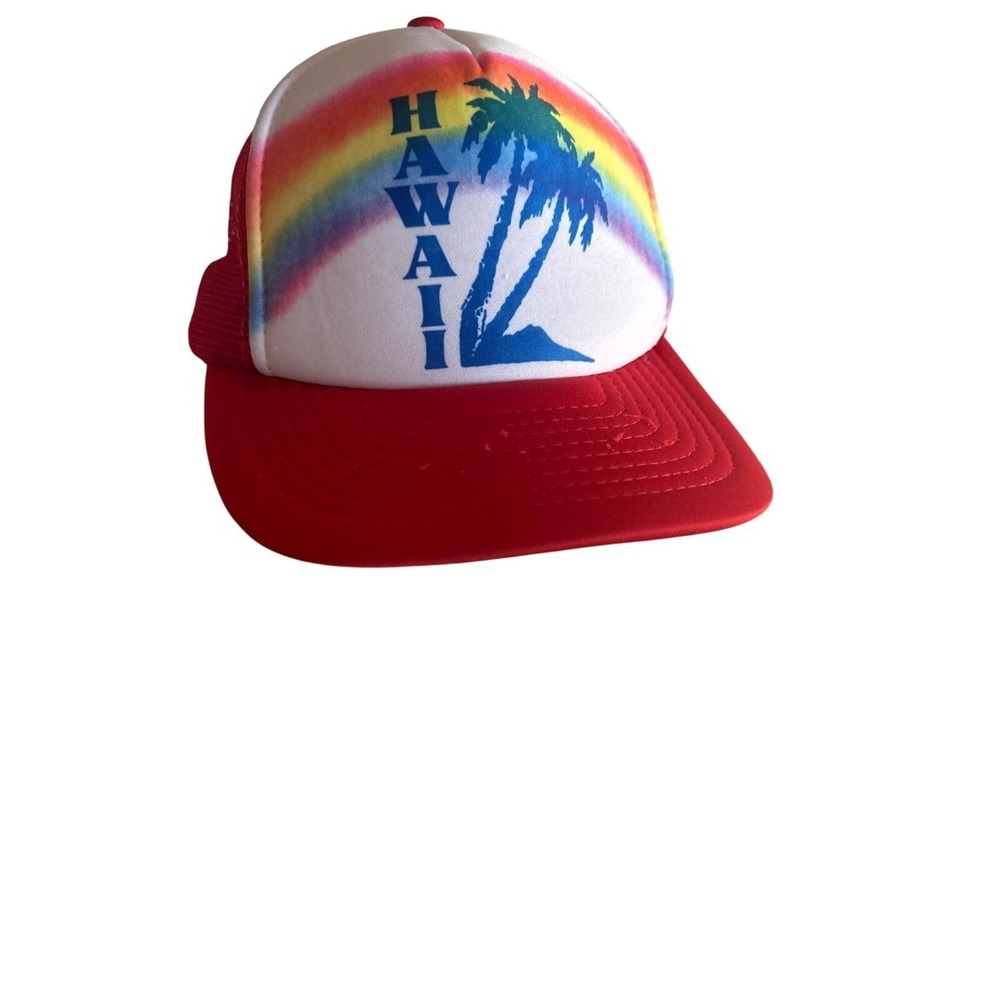 Hawaii Rainbow Palm Tree Trucker Hat Red Mesh Snapback Sportcap Made In Taiwan R